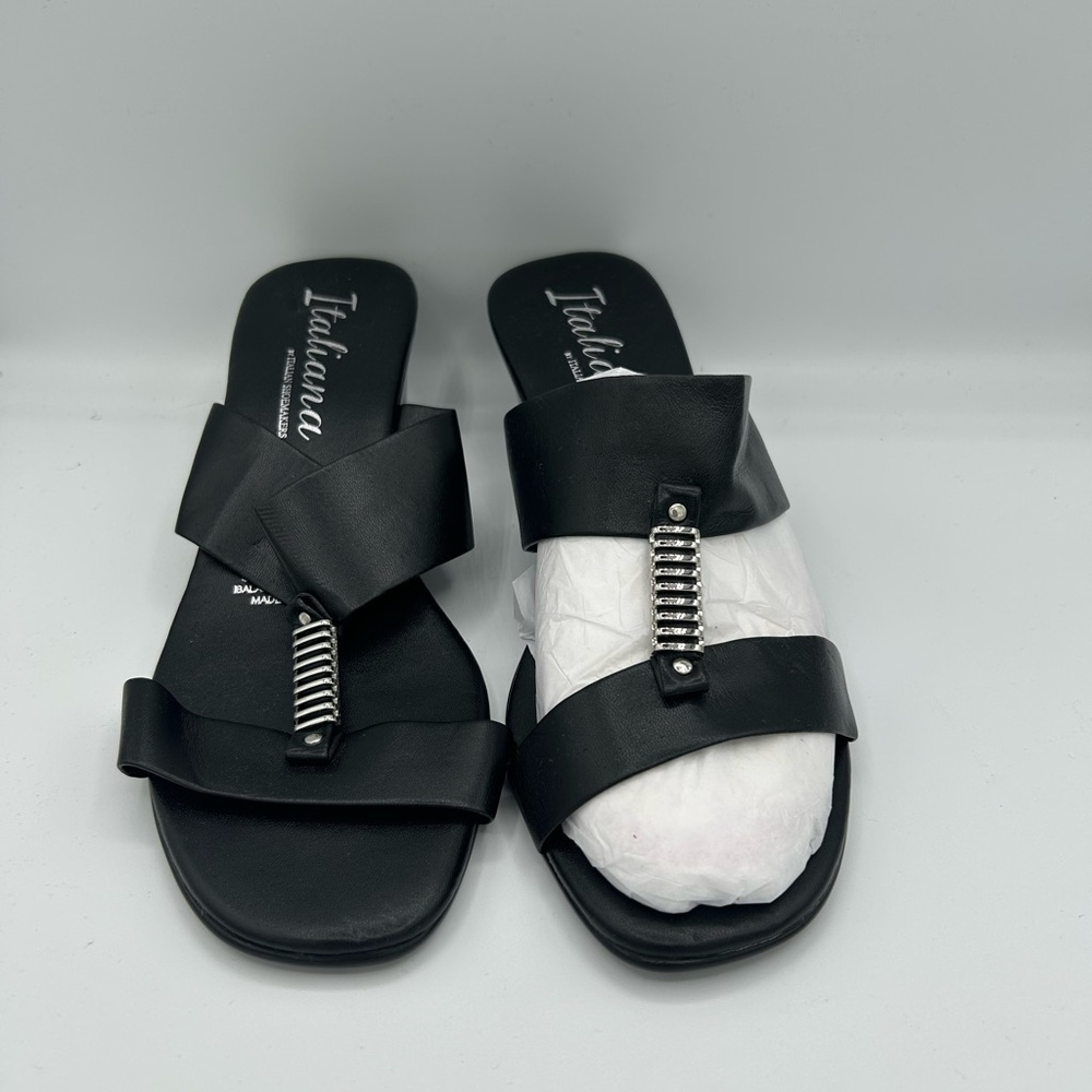 Italina Black Slide Sandals with Silver Accent